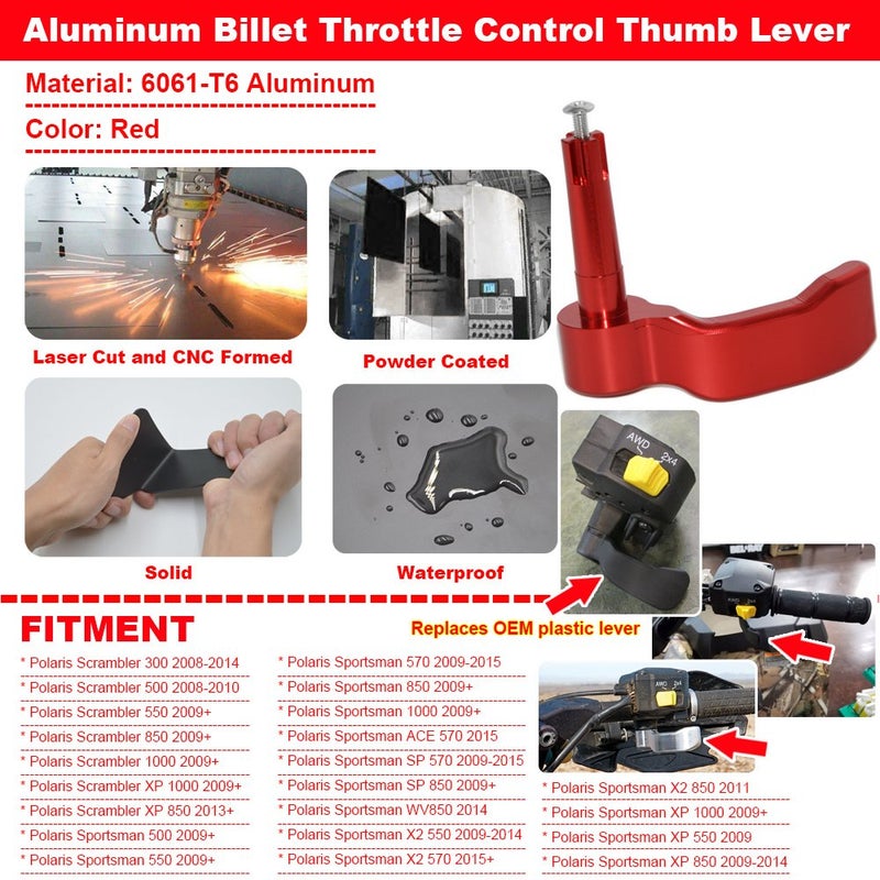 Wsays XJMOTO Thumb Throttle Control Lever Red Aluminum Billet Compatible with Polaris Sportsman 450 550 570 850 1000 2009-2024 - Image 2